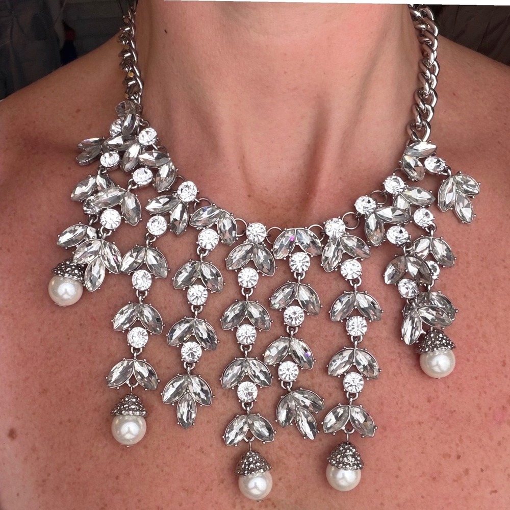 Statement Bib Necklace Crystal Pearl Silver Tone Royalcore Regencycore Formal OS